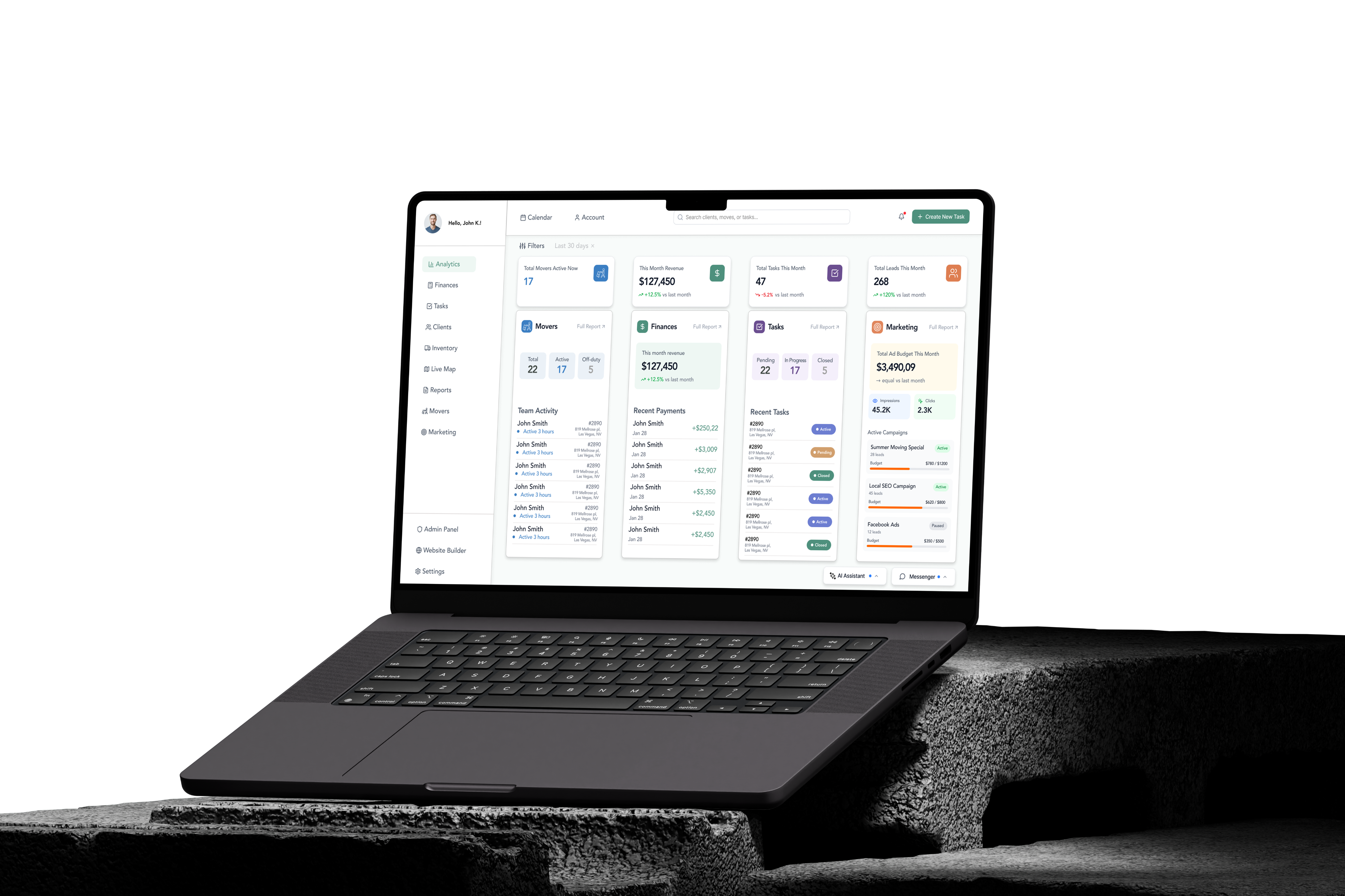 MoveStacks CRM dashboard preview on a laptop